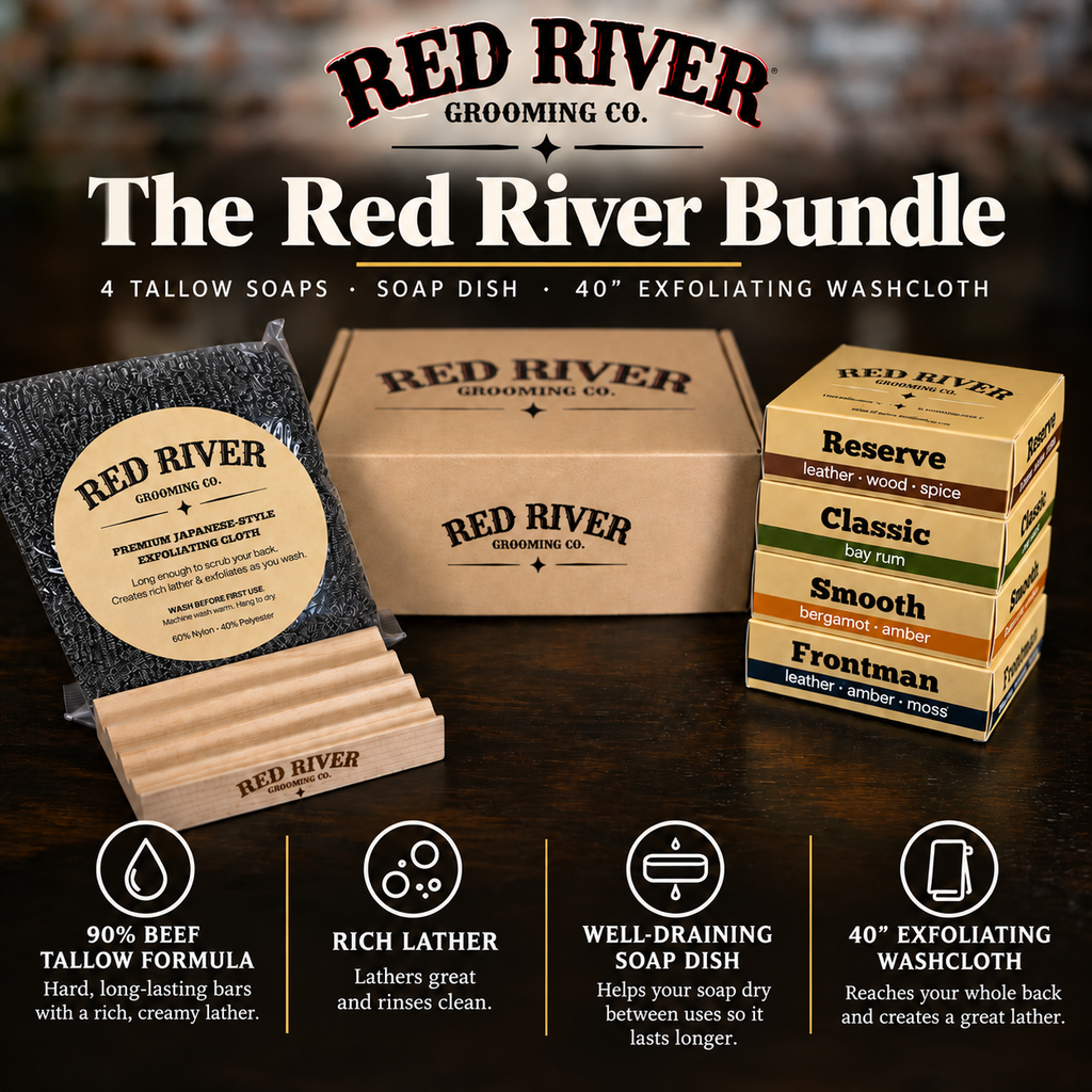 Red River Bundle infographic showing four tallow soaps, wood soap dish, and 40-inch exfoliating washcloth