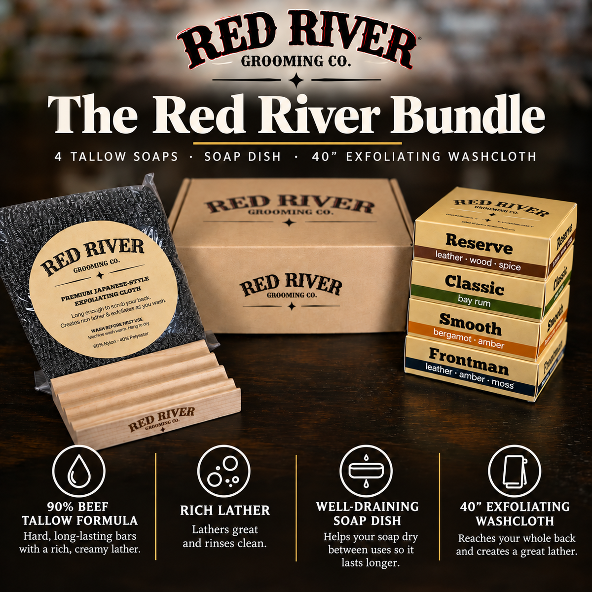 Red River Bundle infographic showing four tallow soaps, wood soap dish, and 40-inch exfoliating washcloth